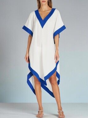 Valimare Aria Cover Up White Blue Sharkbite Kaftan Beach Dress L/XL